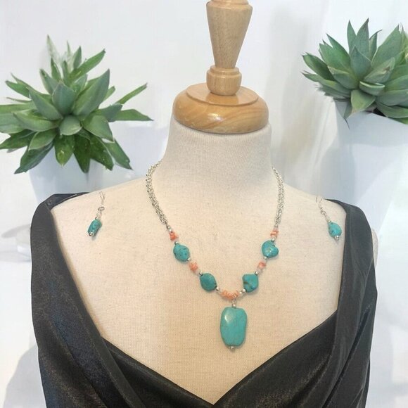 Faux Turquoise Glass Beads Agate Necklace Earrings Set - Picture 1 of 10